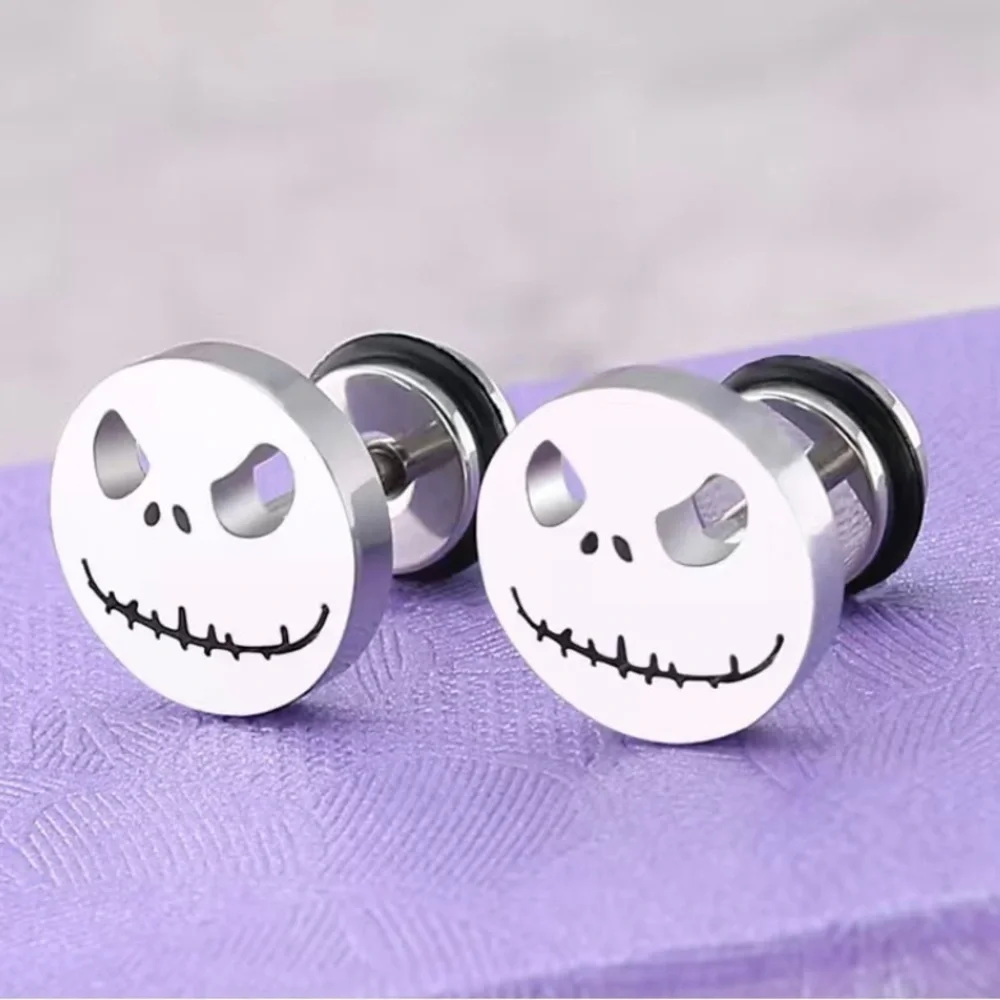 Skull Wth Stitched Mouth Silver Earrings Men Punk Biker Halloween